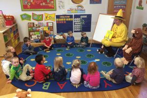 Teacher reading Curious George to kids in school