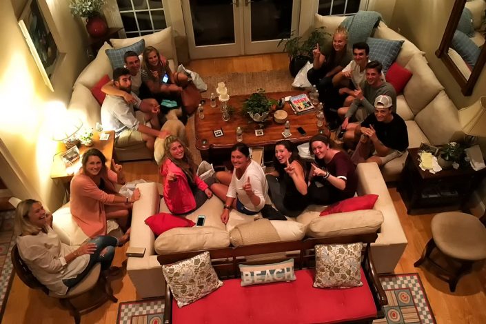 arial view of camp staff members relaxing together inside staff lounge